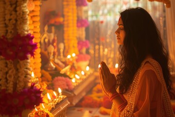 Woman praying during festival with candles and flowers
