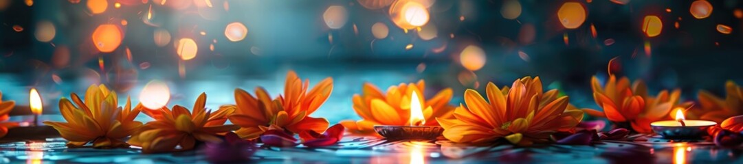 Floating lotus candles on water with bokeh lights in background