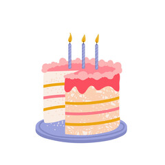 Cake decorated with festive candles on a white background. A cut off piece of birthday cake. Festive mood. Vector illustration