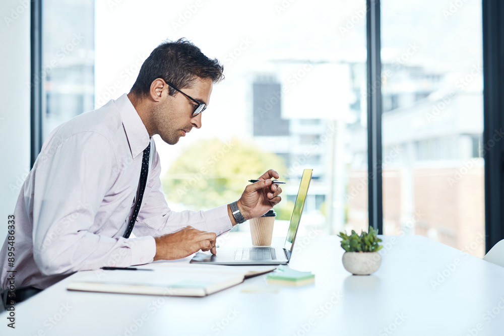 Aufkleber Accounting, laptop and reading with financial advisor man at desk in office for decision or planning. Computer, review and thinking with accountant or bookkeeper in workplace for portfolio management
