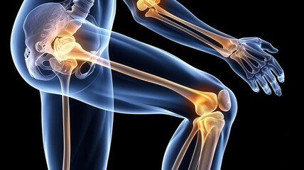 Detailed anatomical illustration of a human leg showing the skeletal structure and joint connections for educational purposes.