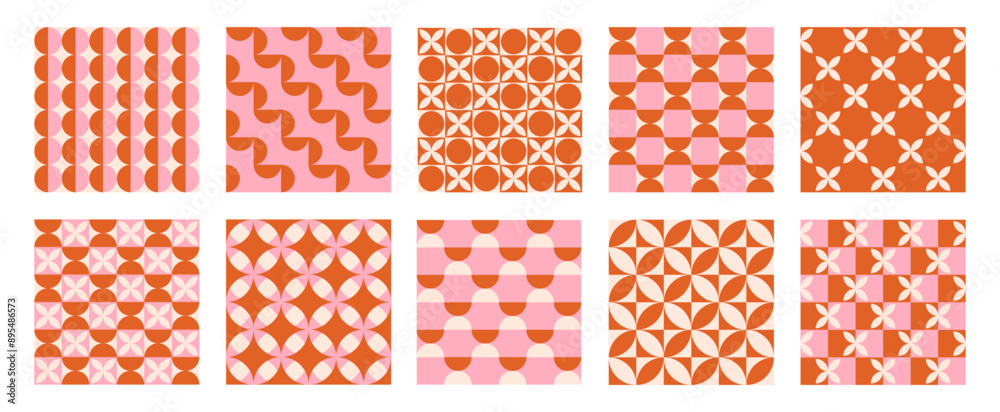 Leinwandbilder Trendy retro set geometric seamless patterns with colorful semicircles and circles. Modern abstract background. Orange, beige and pink colors. Vector illustration