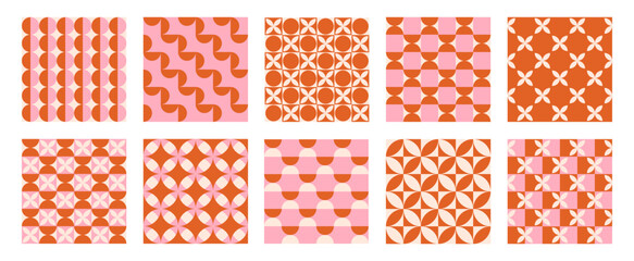 Trendy retro set geometric seamless patterns with colorful semicircles and circles. Modern abstract background. Orange, beige and pink colors. Vector illustration © Elena