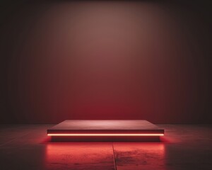 Neonlit square podium stand, minimal style, gaming background, 3D render, modern presentation, side angle, crisp studio lighting, high detail