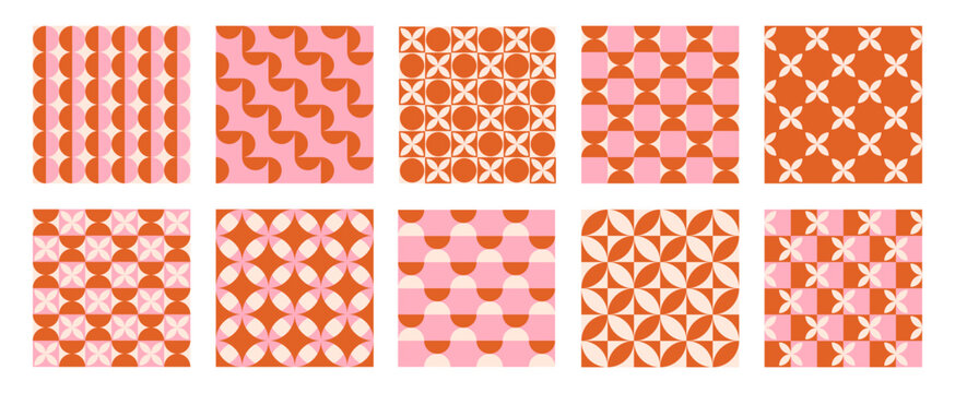 Fototapeta Trendy retro set geometric seamless patterns with colorful semicircles and circles. Modern abstract background. Orange, beige and pink colors. Vector illustration