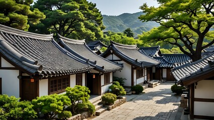 Obraz premium Traditional Korean architecture with white walls and black tiled roofs, surrounded by lush greenery.