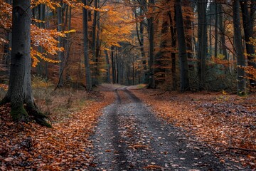 Obraz premium A serene path winds through a forest, showcasing the beauty of autumn with vibrant golden leaves. The path symbolizes journey, exploration, change, and the natural cycle of life.