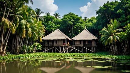 Two traditional houses built on stilts over a serene lake, surrounded by lush tropical greenery.