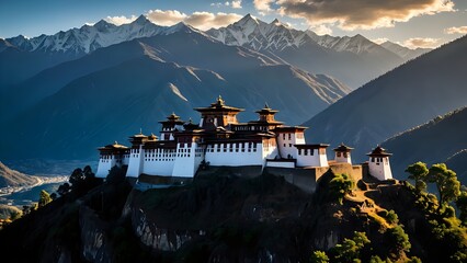 Majestic white temple perched on a cliff overlooking snow-capped mountains, golden hour light. © Rusti