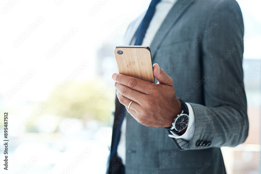 Poster hand, phone and watch with business man in office for corporate communication or networking. agenda,