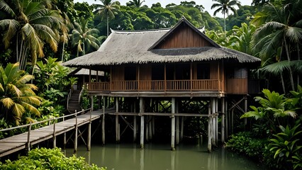 A wooden house on stilts in a lush tropical rainforest.