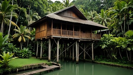 A wooden house on stilts sits amongst lush greenery, overlooking a calm, green pond.