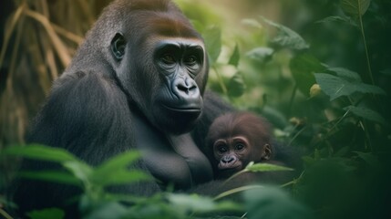 Naklejka premium Gorilla Mother and Baby in Lush Jungle