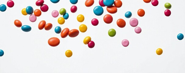 Fototapeta premium Colorful rainbow candy falling on a white background. falling jellybeans 