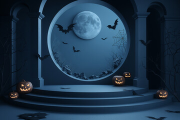 A dark room with a moon and bats flying around