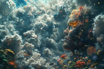 Naklejka premium A visually striking surreal underwater scene combining sea life and human form amidst swirling clouds and vibrant corals, capturing the essence of mystery and creativity.