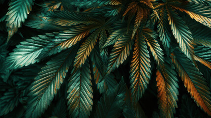 Fototapeta premium Cannabis leaves with dramatic side lighting, highlighting the intricate details and textures