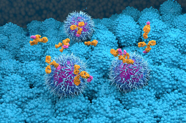 Fototapeta premium Monoclonal antibody treatment in Pancreatic cancer - isometric view 3d illustration