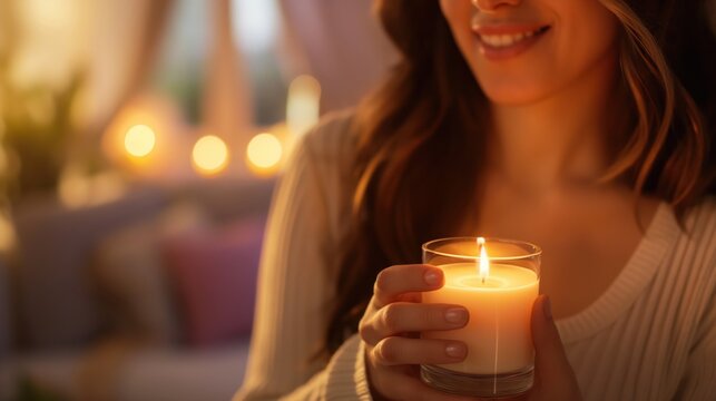 Woman Enjoying Spring Candle Fragrance at Home 