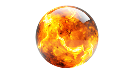 flame in glass ball isolated on cut out PNG or transparent background. Glass globe on fire. Planet Earth Burning. Realistic clipart template pattern. Global Warming and Climate Change Concept.