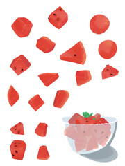 様左にカットされた赤いスイカのイラスト