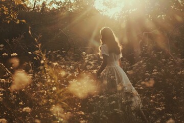 Obraz premium A young woman walks through a field of flowers in a white dress, bathed in the golden light of the setting sun. The image represents beauty, nature, peace, hope, and freedom.