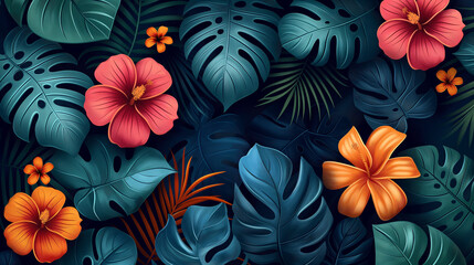 Bright tropical background with jungle plants. exotic pattern with palm leaves. leaves monstera, flowers, tropical jungle leaves of palm tree.