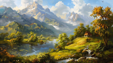 Naklejka premium A picturesque landscape showcasing a tranquil lake nestled in a verdant mountain valley. The majestic mountains rise in the background, their snow-capped peaks piercing the azure sky. Lush greenery, s