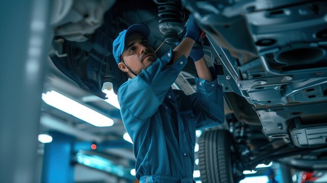 Professional Mechanic Inspecting Car Undercarriage in Modern Garage
