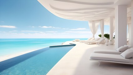 Fototapeta premium view of the sea.opulent, contemporary white beach hotel with a pool. Relax on the sundeck of your hotel or vacation rental. AI generation Revised