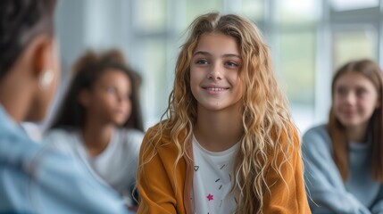Obraz premium Happy teen group discussing feelings in a bright room, therapy session, good vibes, photorealistic