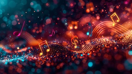 A shimmering background with abstract music notes and glitter, symbolizing creativity, rhythm, energy, passion, and sound.