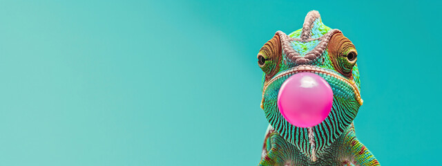 Chameleon blowing pink bubble gum on turquoise background. Funny surreal animal concept.