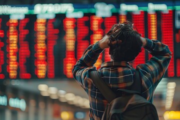 A man with his hands on his head looking at flight schedule