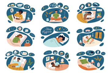 Sleep hygiene vector illustration set. Compositions collection with bedtime habits, tips, healthy routine. Flat cartoon people in cozy bedroom. Sleeping environment, organic bedding, evening rituals