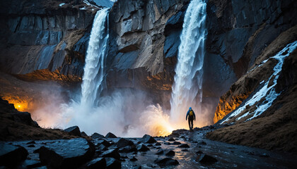 Waterfall Arcana in Rainy Winter: The Explorer's Journey Surrounded in Landslide