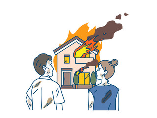 火事で家が燃えて呆然とする夫婦のイラスト © SENRYU