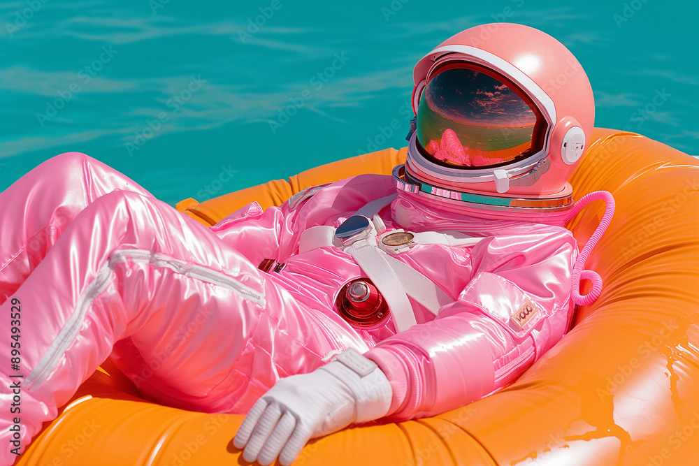 Wall mural surreal image of an astronaut in a pink suit lounging on an orange float in a turquoise pool. whimsi
