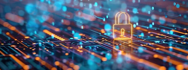 Cyber threat, holographic warning, advanced security measures, tech setting