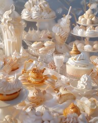 A whimsical display of creamy desserts, featuring elegant cupcakes, meringues, and cakes in soft pastel hues, creating a dreamy, indulgent atmosphere