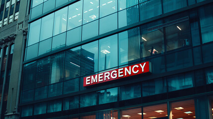 Entrance of the ER or Emergency Room department of an hospital with a red sign written emergency on front of the clinic building