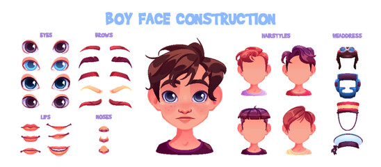 Caucasian boy face construction set isolated on white background. Vector cartoon illustration of male teenager avatar kit, young guy head, color eyes, eyebrows, nose, hairstyle, emotion on lips, hats