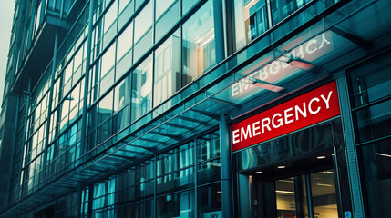 Entrance of the ER or Emergency Room department of an hospital with a red sign written emergency on front of the clinic building