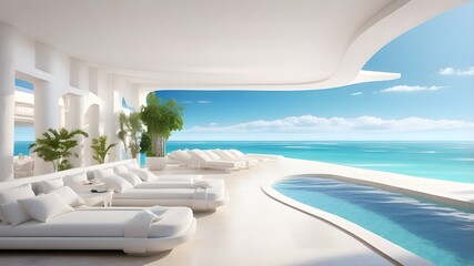 Fototapeta premium view of the sea.opulent, contemporary white beach hotel with a pool. Relax on the sundeck of your hotel or vacation rental. AI generation Revised