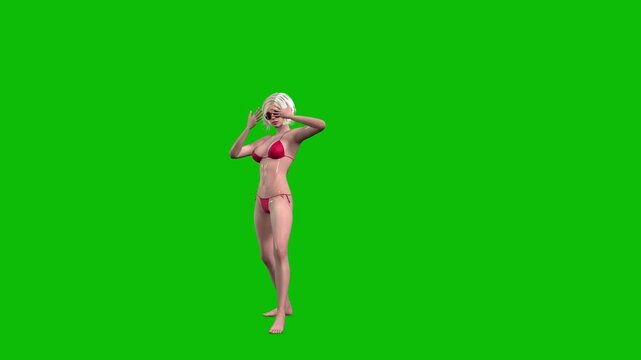 3D female character, woman with blond hair and wet skin, wearing red bikini swimming wear and sunglasses, dancing dont cha style on green screen, 3D animation, front view.