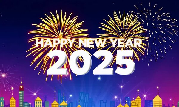 Generative ai motion animation of "Happy New Year 2025" with a firworks graphic background