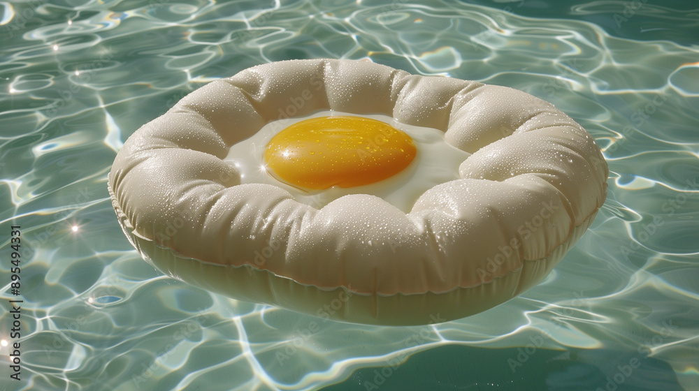 Wall mural surreal image of an egg-shaped float in a clear swimming pool. whimsical and vibrant scene with a pl