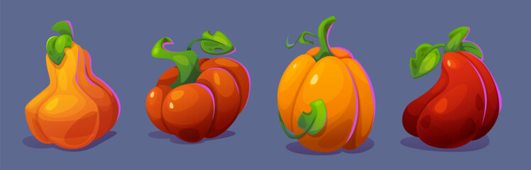 Pumpkin cartoon icon. Autumn squash food vector. Halloween vegetable with green leaf and stem. Orange and red harvest symbol set. Organic recipe ingredient element for thanksgiving holiday graphic