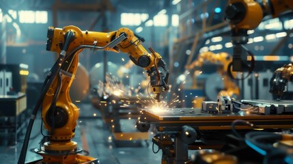 A robotic arm performs welding tasks in a modern industrial setting, showcasing advanced automation technology and vibrant sparks flying