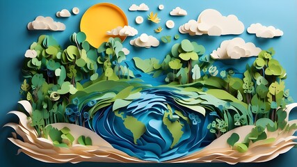 Obraz premium Paper art, Earth Day and ecology, World Environment Day and water conservation, environmental preservation and water conservation, and artificial intelligence